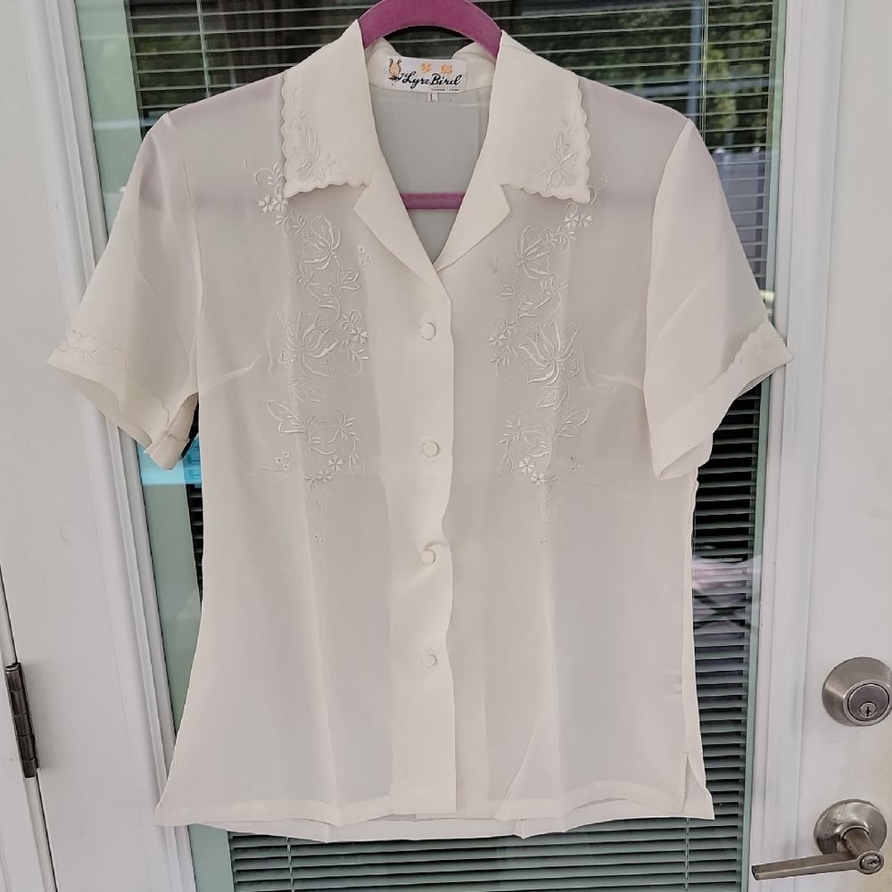 Vintage Chinese Hand-Made Embroidered Silk Short Sleeve Blouse Sz L Ivory